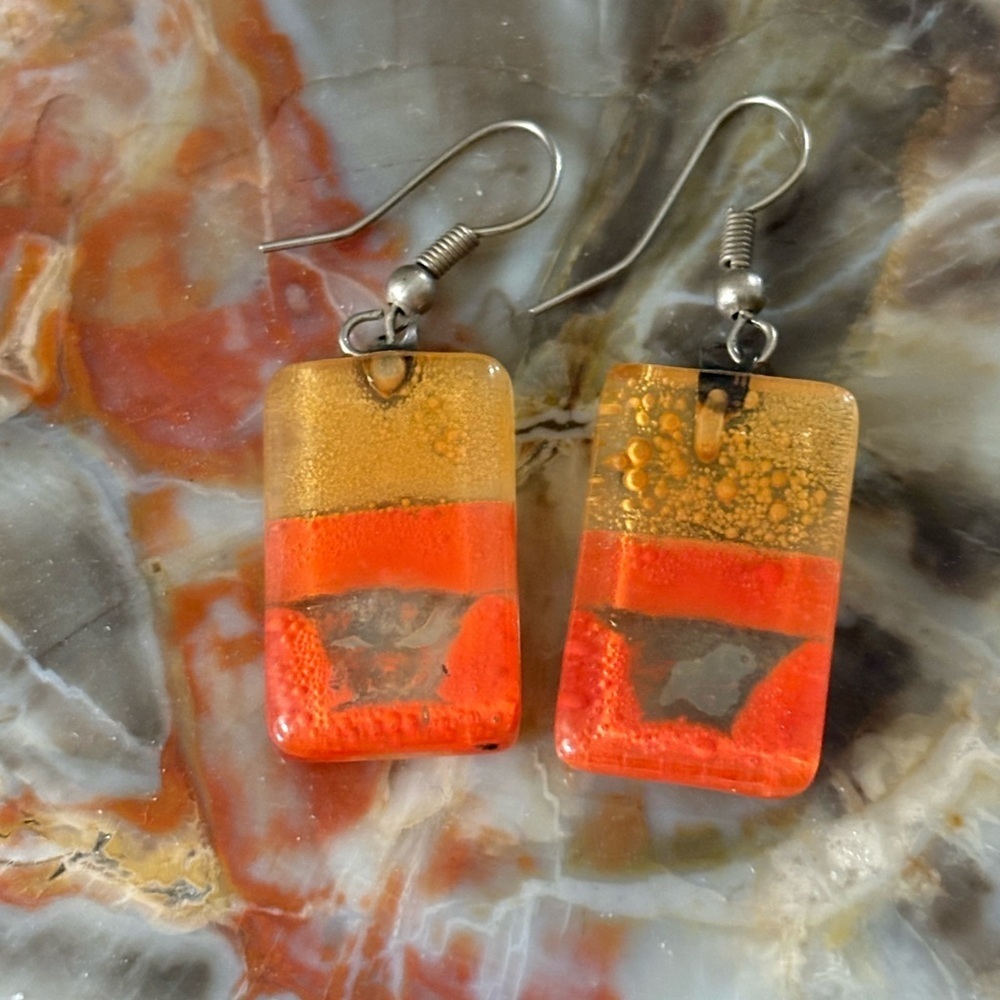 Handmade Orange and Amber Fused Glass Dangle Earrings